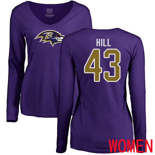 Baltimore Ravens Purple Women Justice Hill Name and Number Logo NFL Football #43 Long Sleeve T Shirt->nfl t-shirts->Sports Accessory